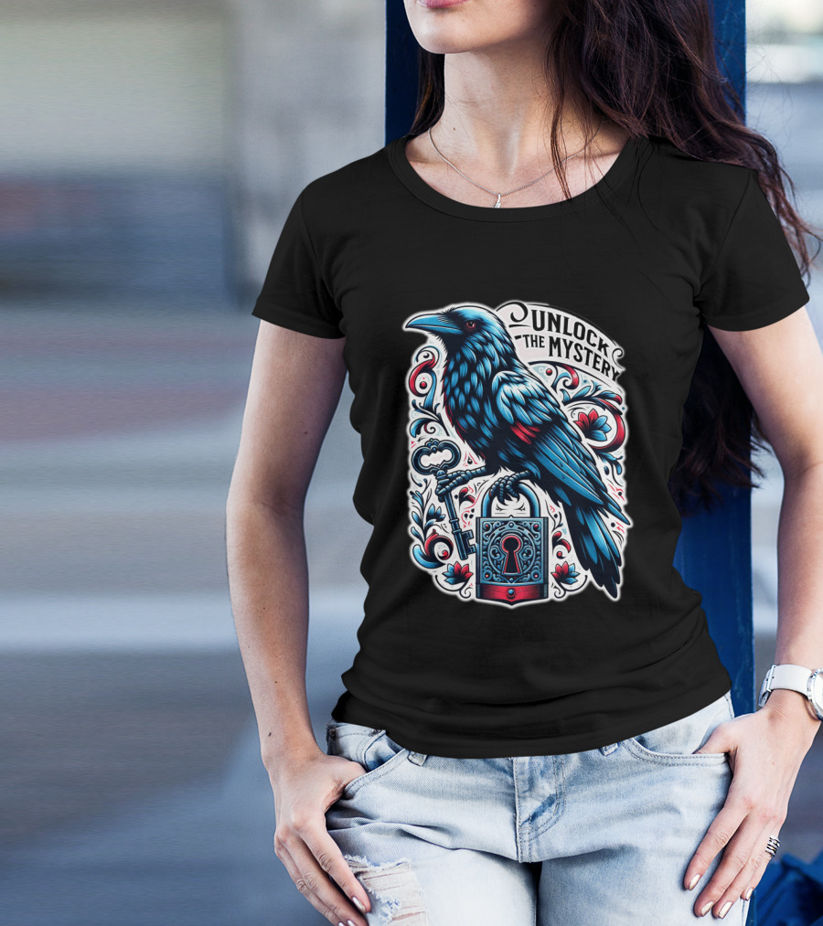 Unlock The Mystery Raven Holding Key And Lock With Ornate Floral T-Shirt