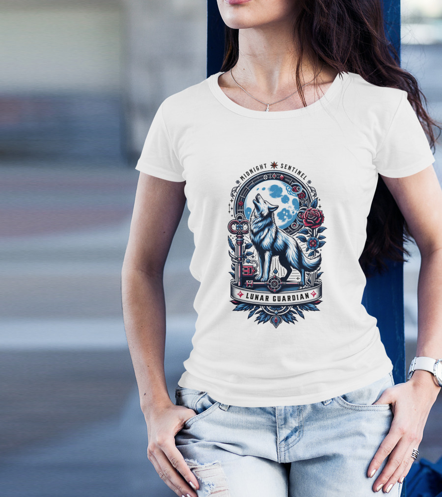 Midnight Sentinel Lunar Guardian Key And Roses Howling Wolf Moon T-Shirt
