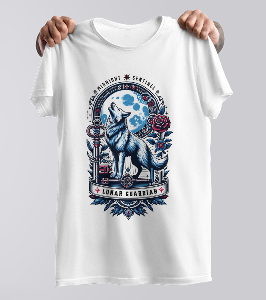 Midnight Sentinel Lunar Guardian Key And Roses Howling Wolf Moon T-Shirt