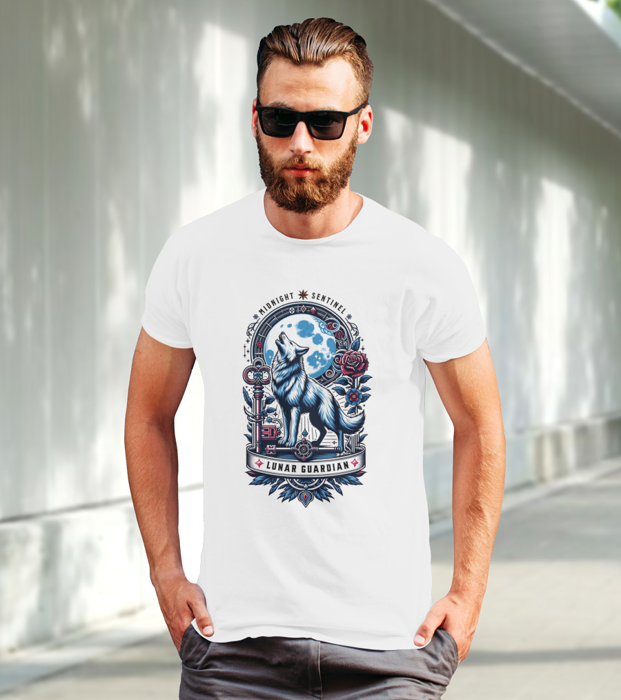 Midnight Sentinel Lunar Guardian Key And Roses Howling Wolf Moon T-Shirt