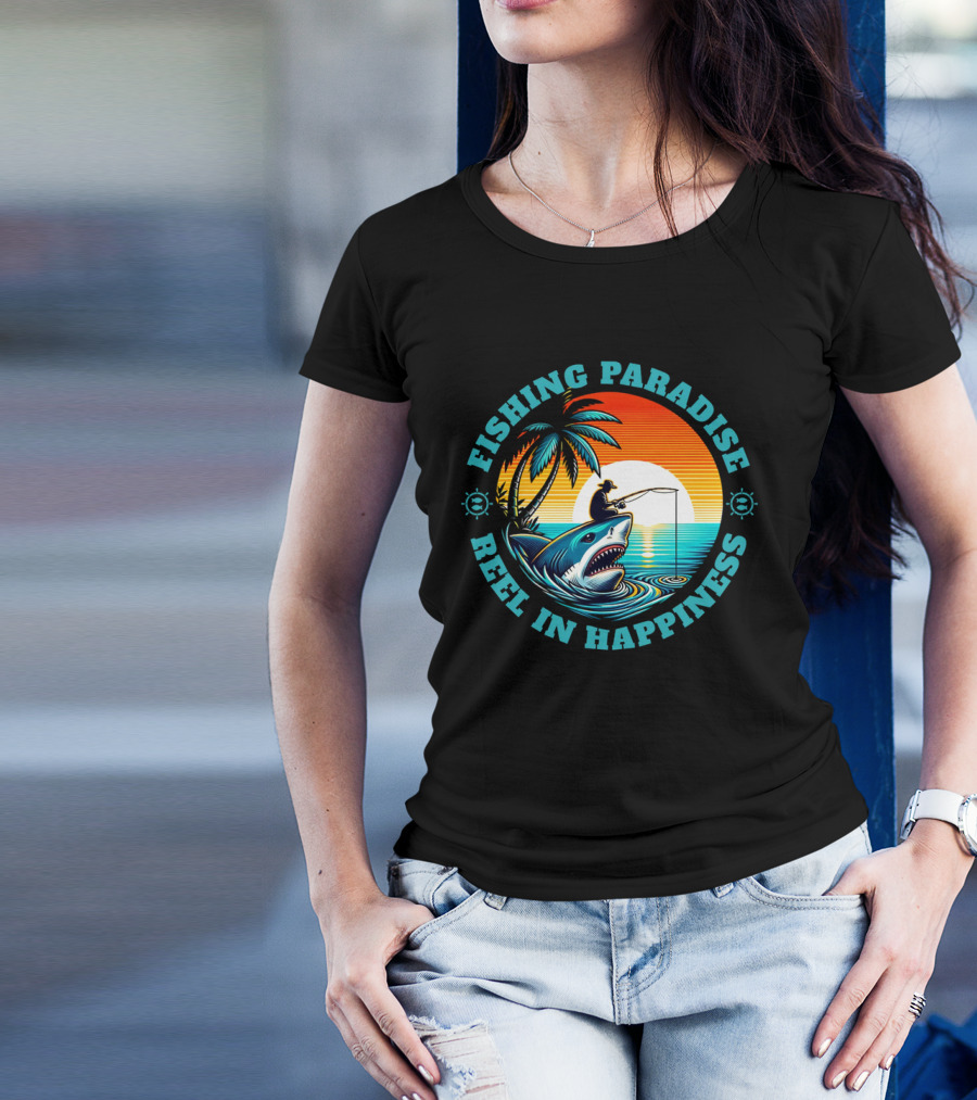 Fishing Paradise Reel In Happiness Sunset Shark Adventure T-Shirt