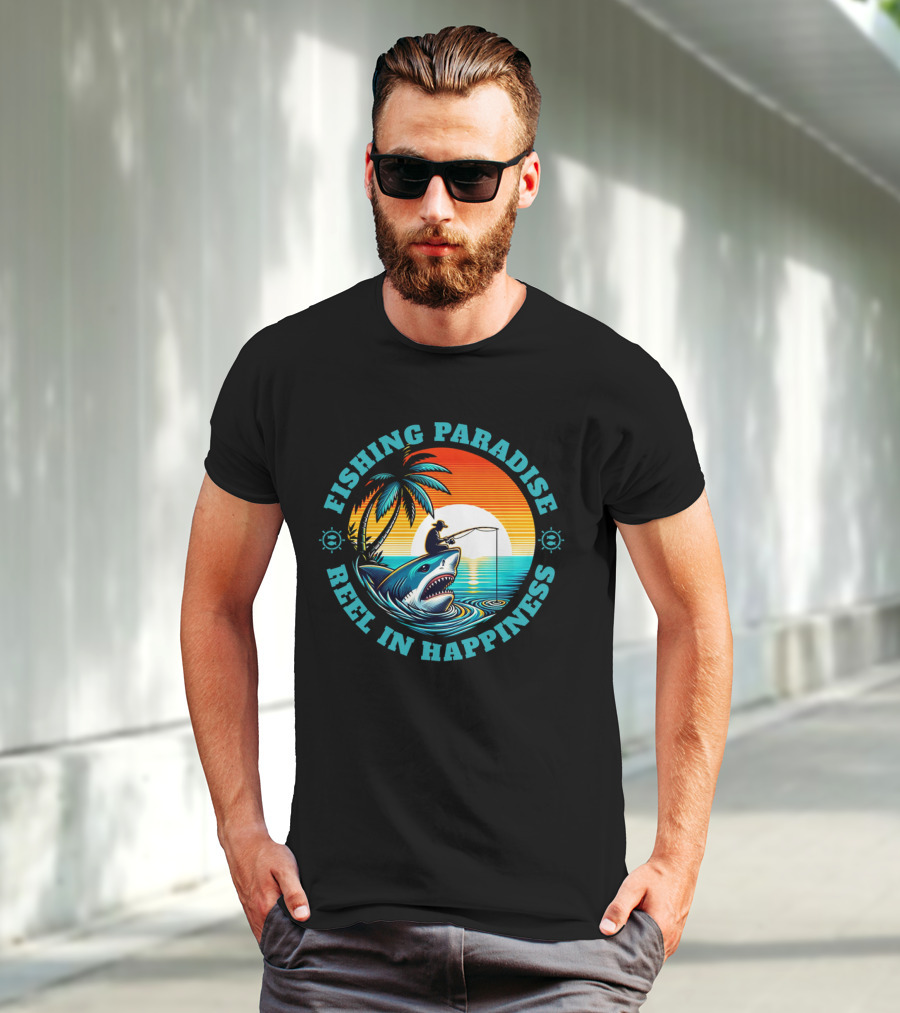 Fishing Paradise Reel In Happiness Sunset Shark Adventure T-Shirt