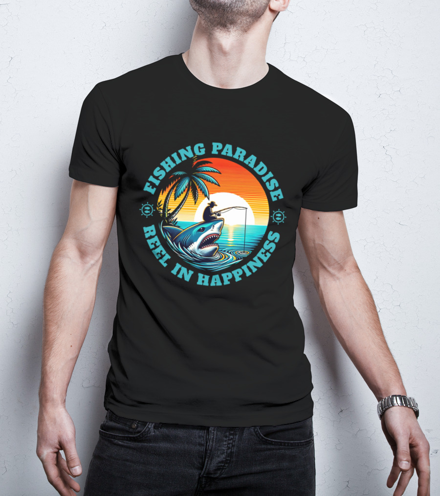 Fishing Paradise Reel In Happiness Sunset Shark Adventure T-Shirt