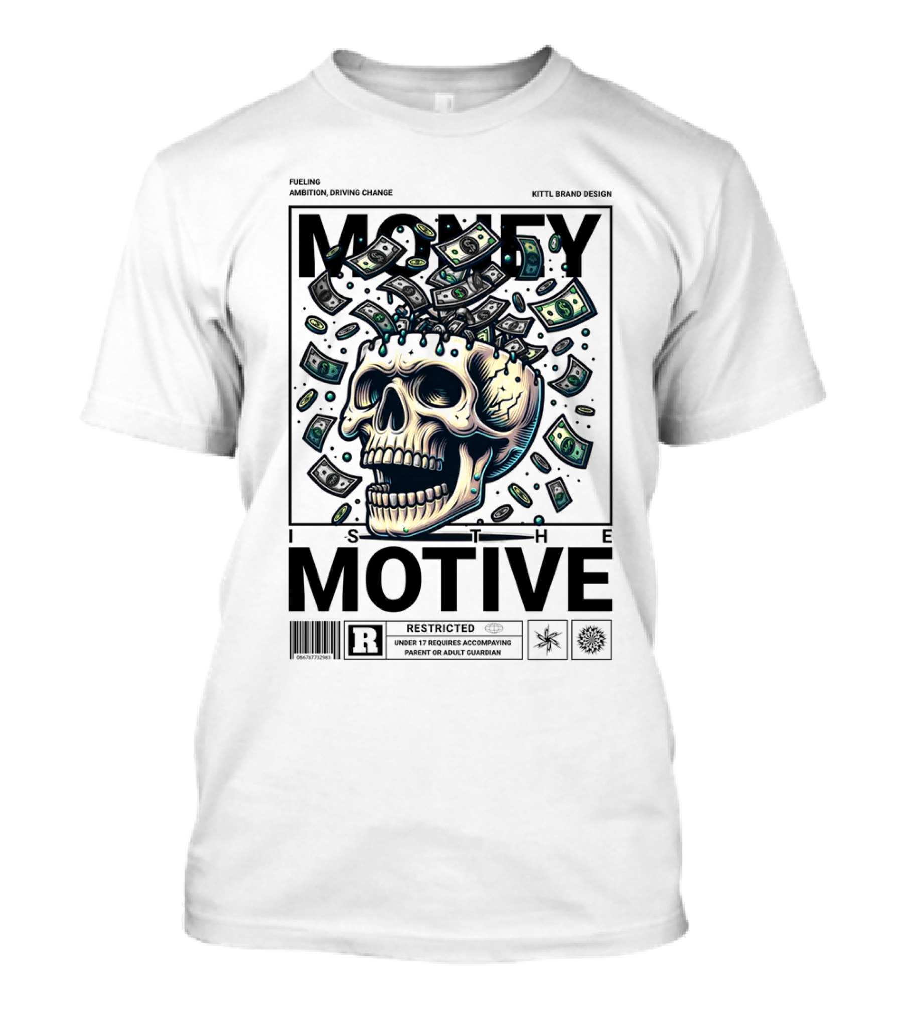 MONEY IS THE MOTIVE SKULL WITH FALLING CASH RESTRICTED T-Shirt