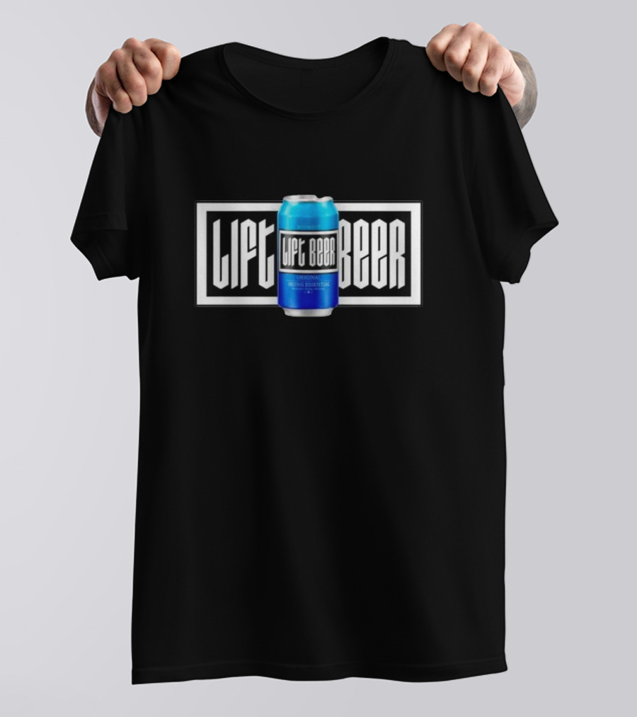 Lift Beer Original Drinking Essential Emblem - Black And White Background With Blue Can T-Shirt