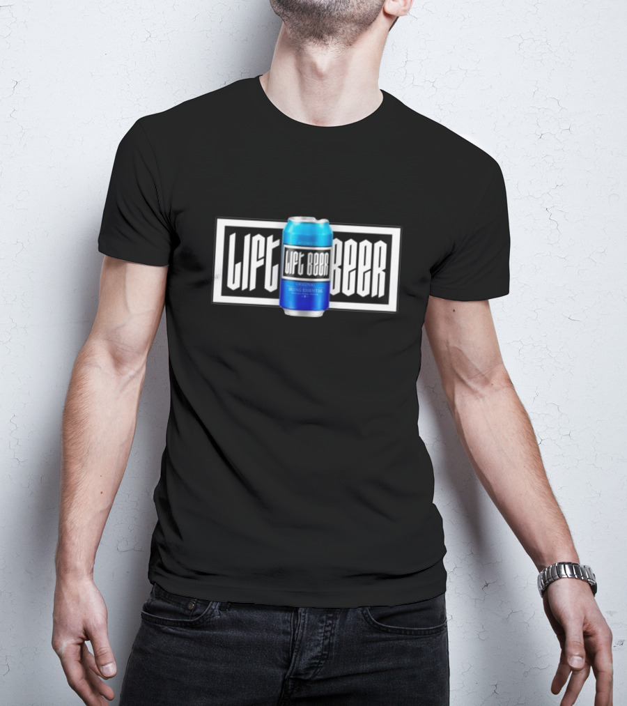 Lift Beer Original Drinking Essential Emblem - Black And White Background With Blue Can T-Shirt
