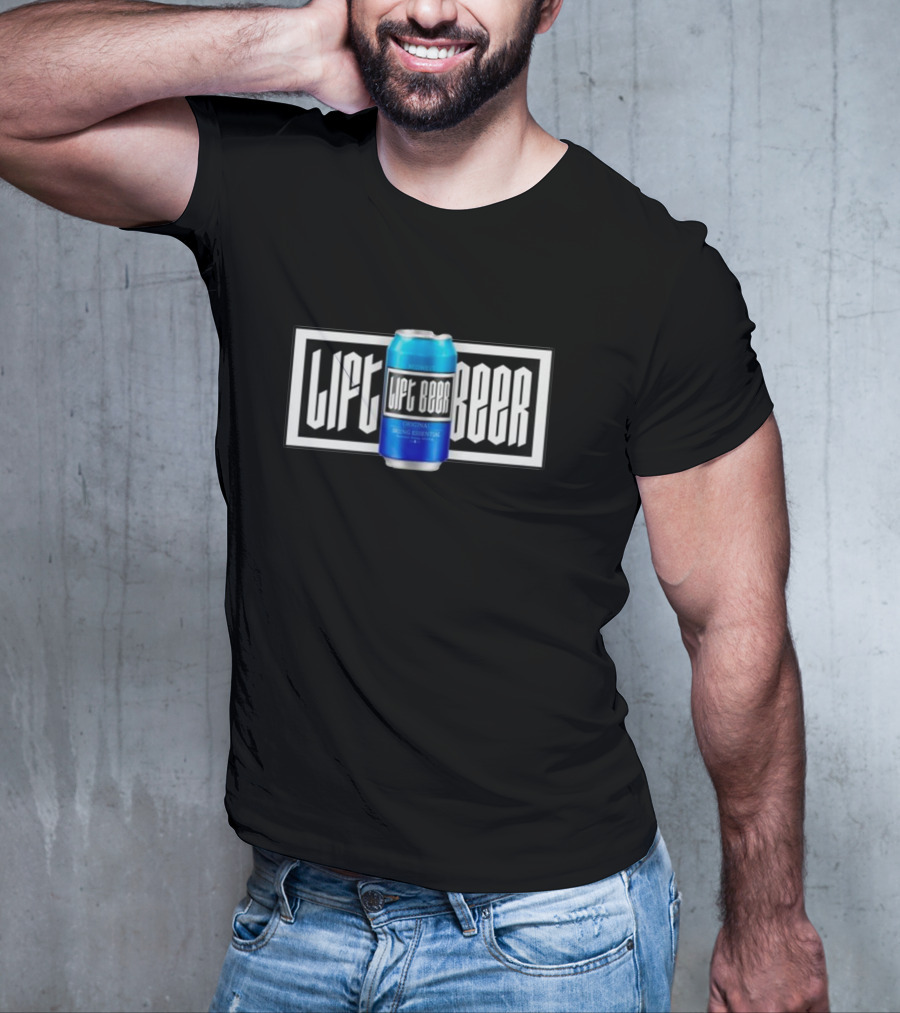 Lift Beer Original Drinking Essential Emblem - Black And White Background With Blue Can T-Shirt