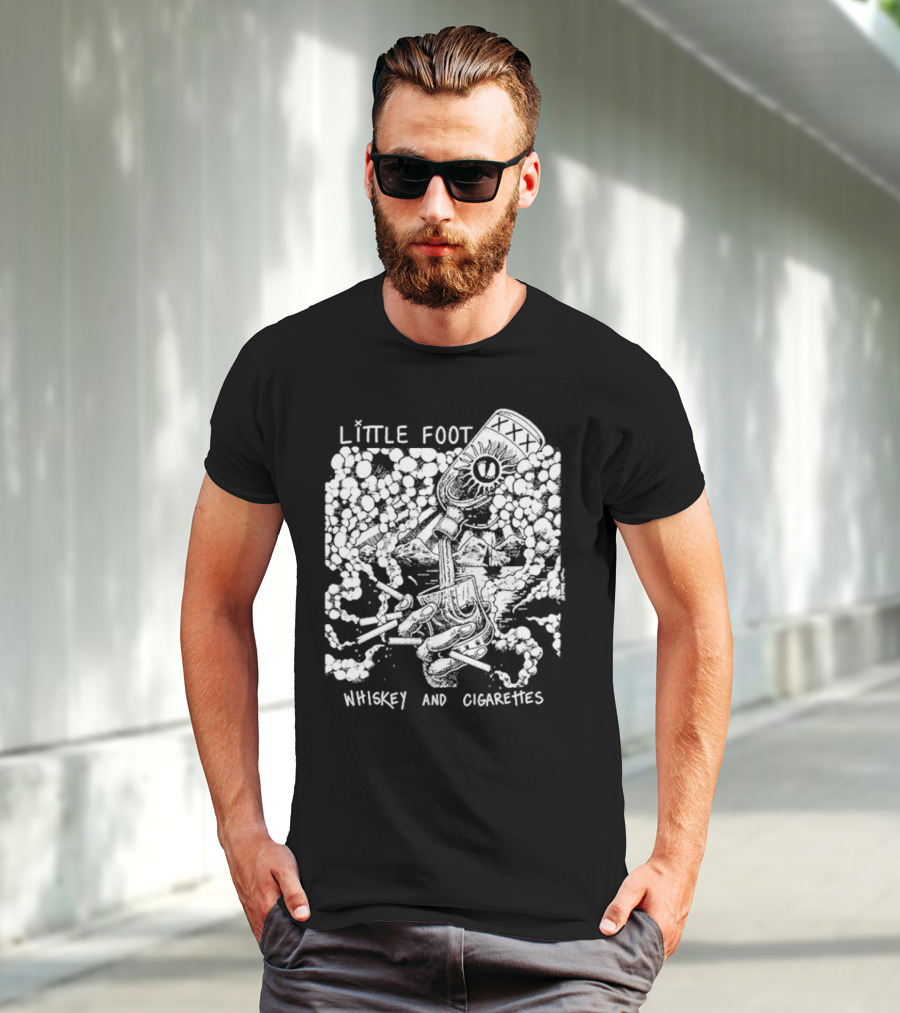 Little Foot Whiskey And Cigarettes Hand Holding Cigarettes And Pouring XXX Bottle In Cloudy Mountains Scene T-Shirt