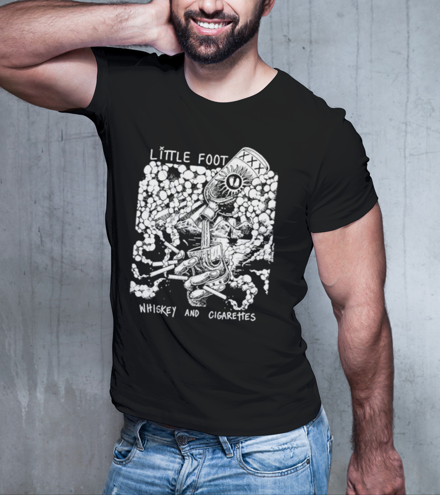 Little Foot Whiskey And Cigarettes Hand Holding Cigarettes And Pouring XXX Bottle In Cloudy Mountains Scene T-Shirt