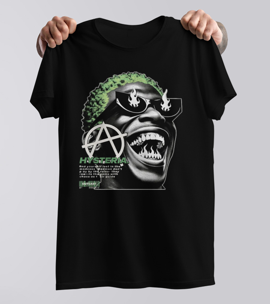 Hysteria Outcast Society Anarchy Flames Green Hair Smiling Face T-Shirt