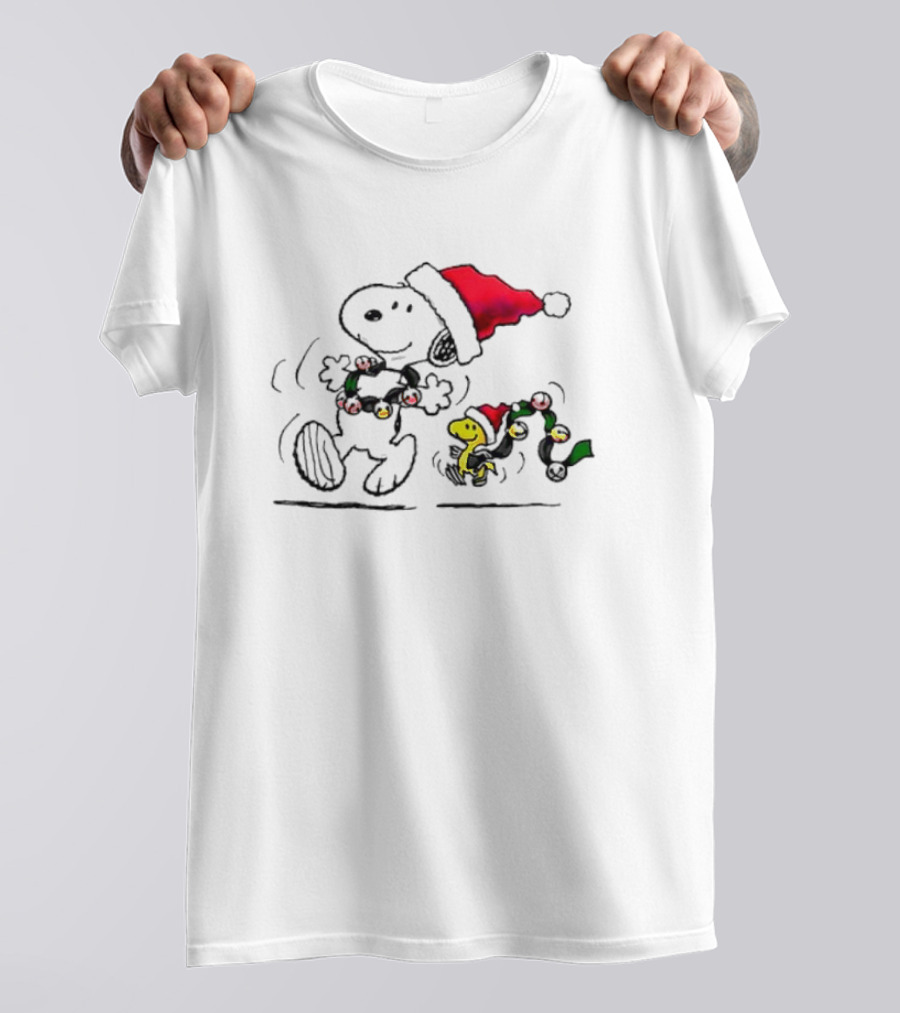Santa Snoopy And Woodstock Christmas Lights Cartoon T-Shirt