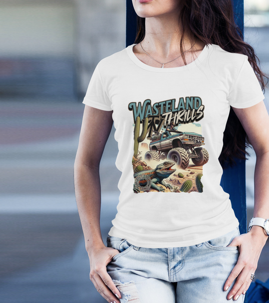 Wasteland Thrills Monster Truck Adventure With Lizard And Cactus Desert Scene T-Shirt