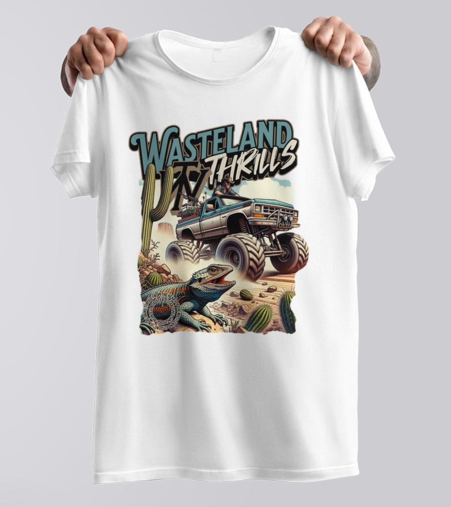 Wasteland Thrills Monster Truck Adventure With Lizard And Cactus Desert Scene T-Shirt
