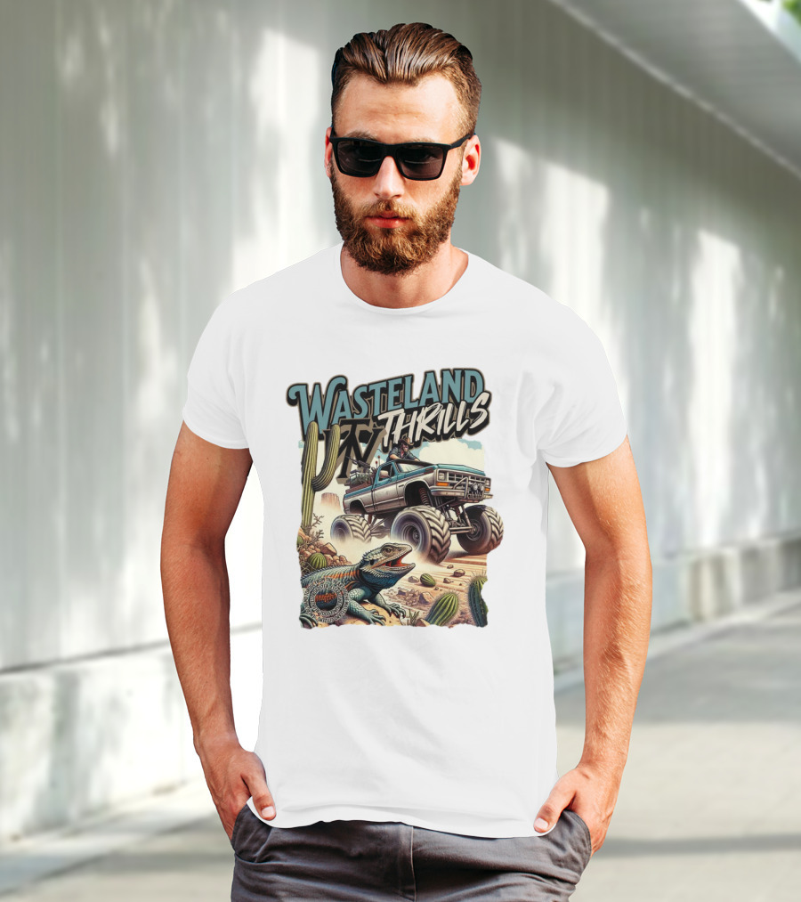 Wasteland Thrills Monster Truck Adventure With Lizard And Cactus Desert Scene T-Shirt