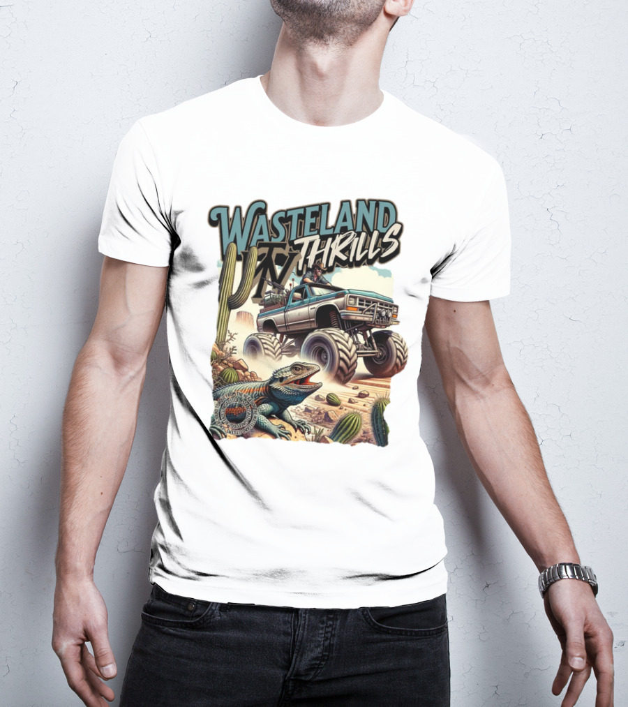 Wasteland Thrills Monster Truck Adventure With Lizard And Cactus Desert Scene T-Shirt