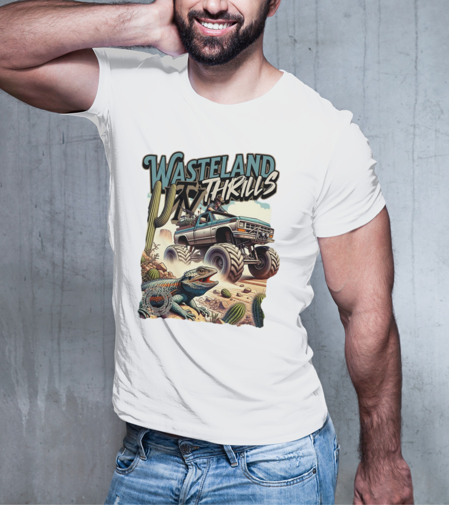 Wasteland Thrills Monster Truck Adventure With Lizard And Cactus Desert Scene T-Shirt