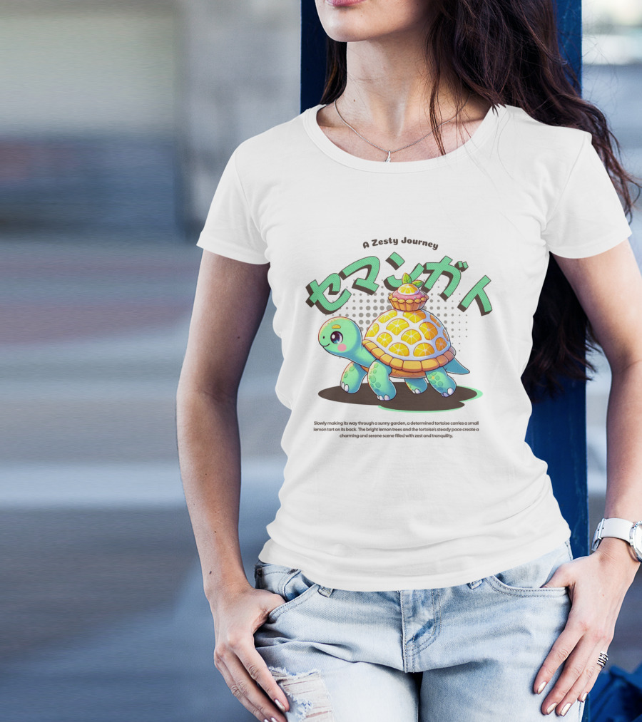 A Zesty Journey Tortoise With Lemon Back And Japanese Text T-Shirt