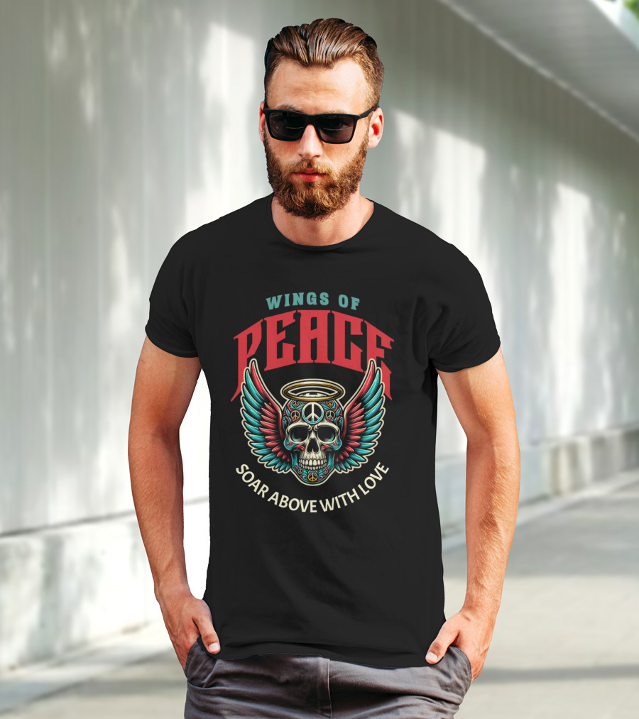 Wings Of Peace Soar Above With Love Peace Symbol Skull And Wings T-Shirt