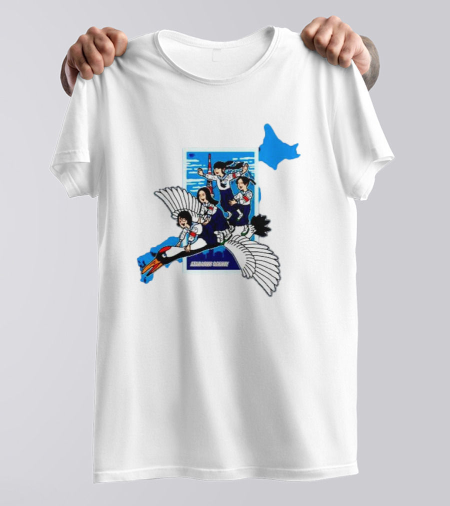 Atarashii Gakko Navy Crane Cartoon With Energetic Flyers And Blue Map Highlight T-Shirt