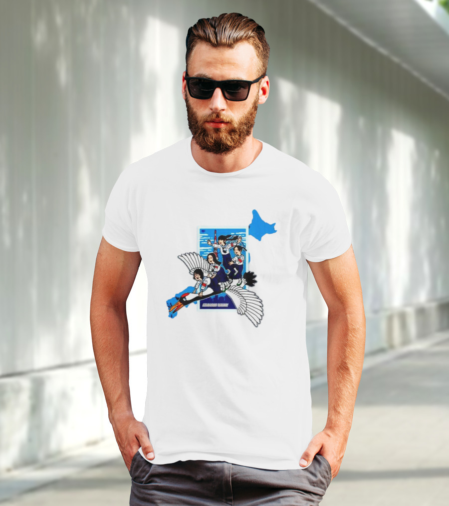 Atarashii Gakko Navy Crane Cartoon With Energetic Flyers And Blue Map Highlight T-Shirt
