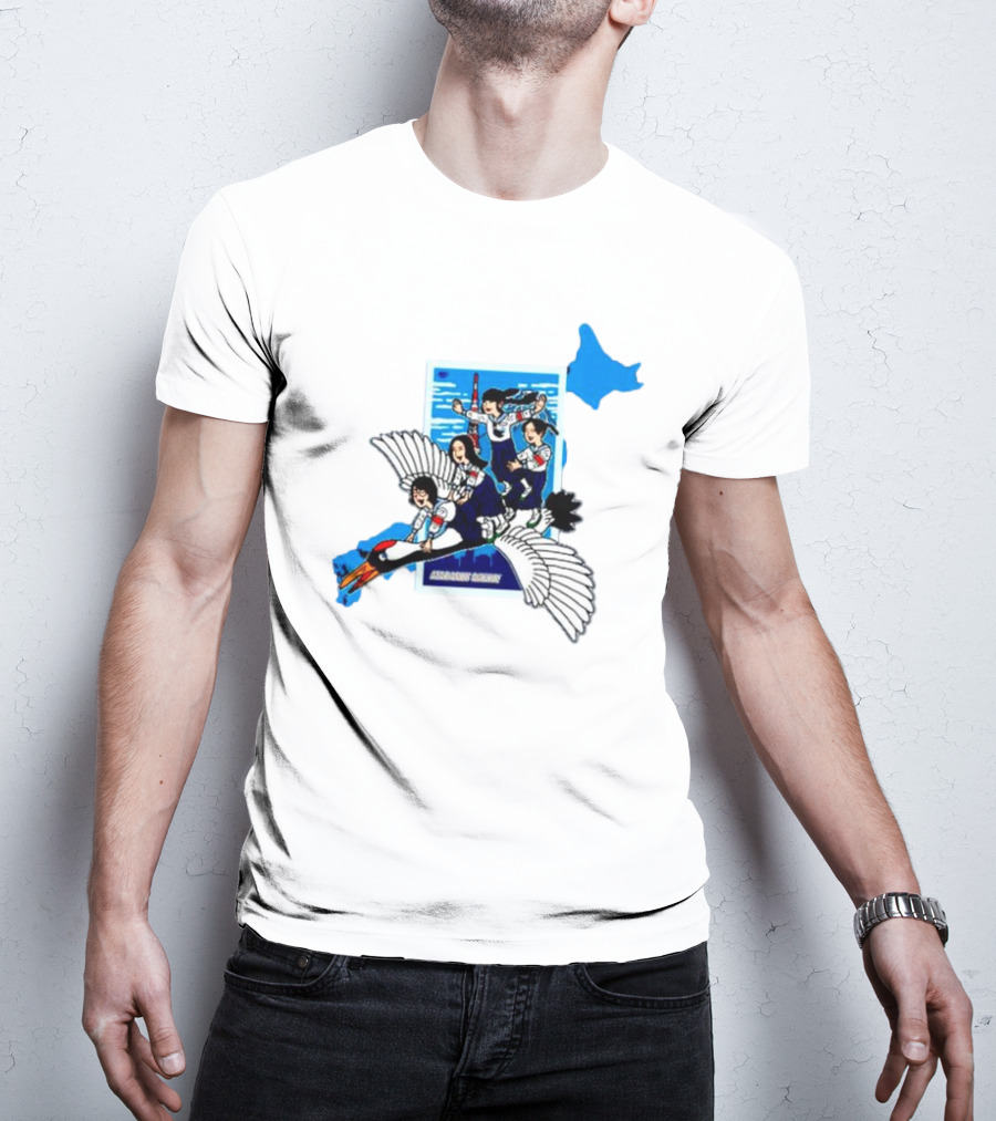 Atarashii Gakko Navy Crane Cartoon With Energetic Flyers And Blue Map Highlight T-Shirt