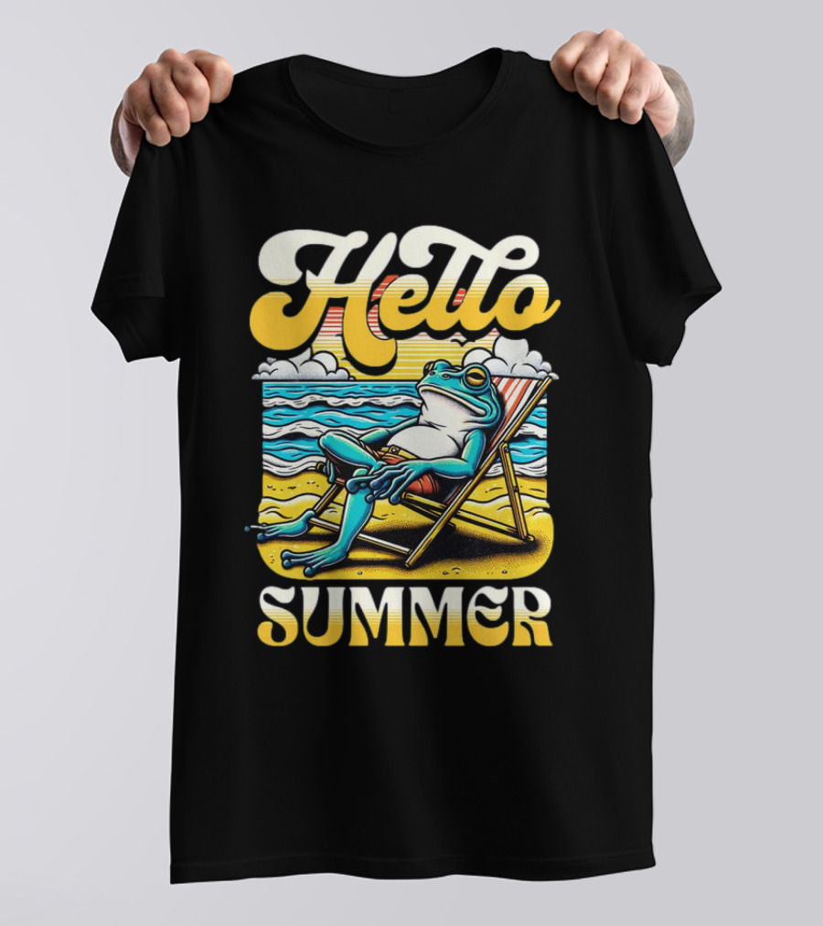 Hello Summer Frog Vintage Beach Scene T-Shirt