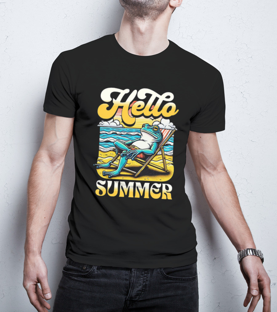 Hello Summer Frog Vintage Beach Scene T-Shirt
