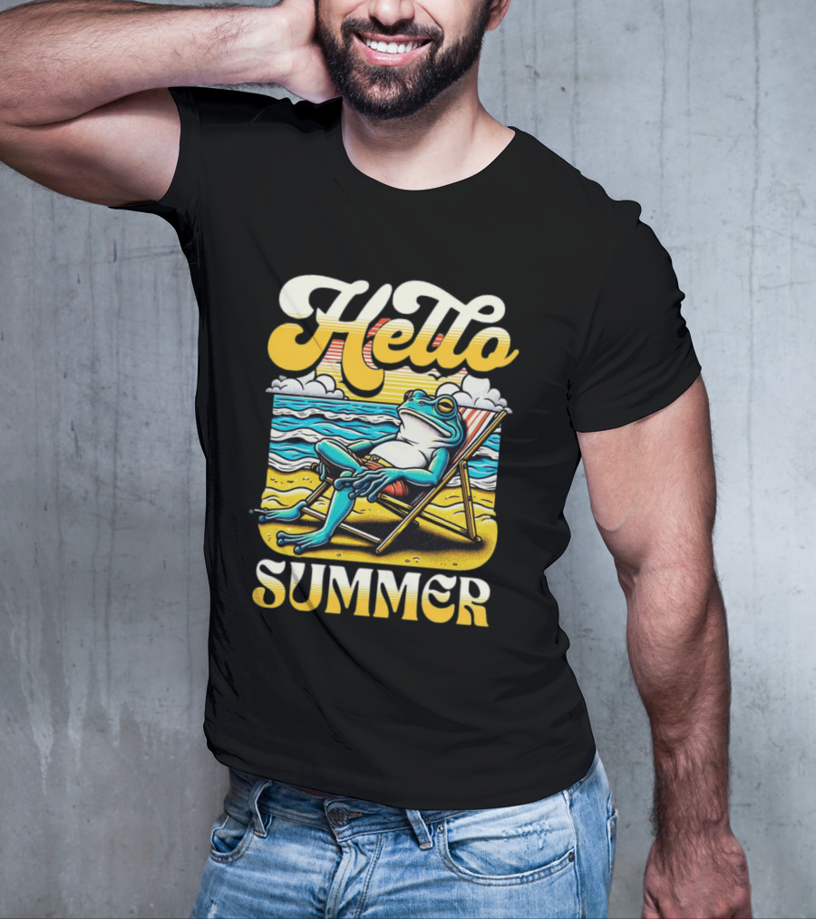 Hello Summer Frog Vintage Beach Scene T-Shirt