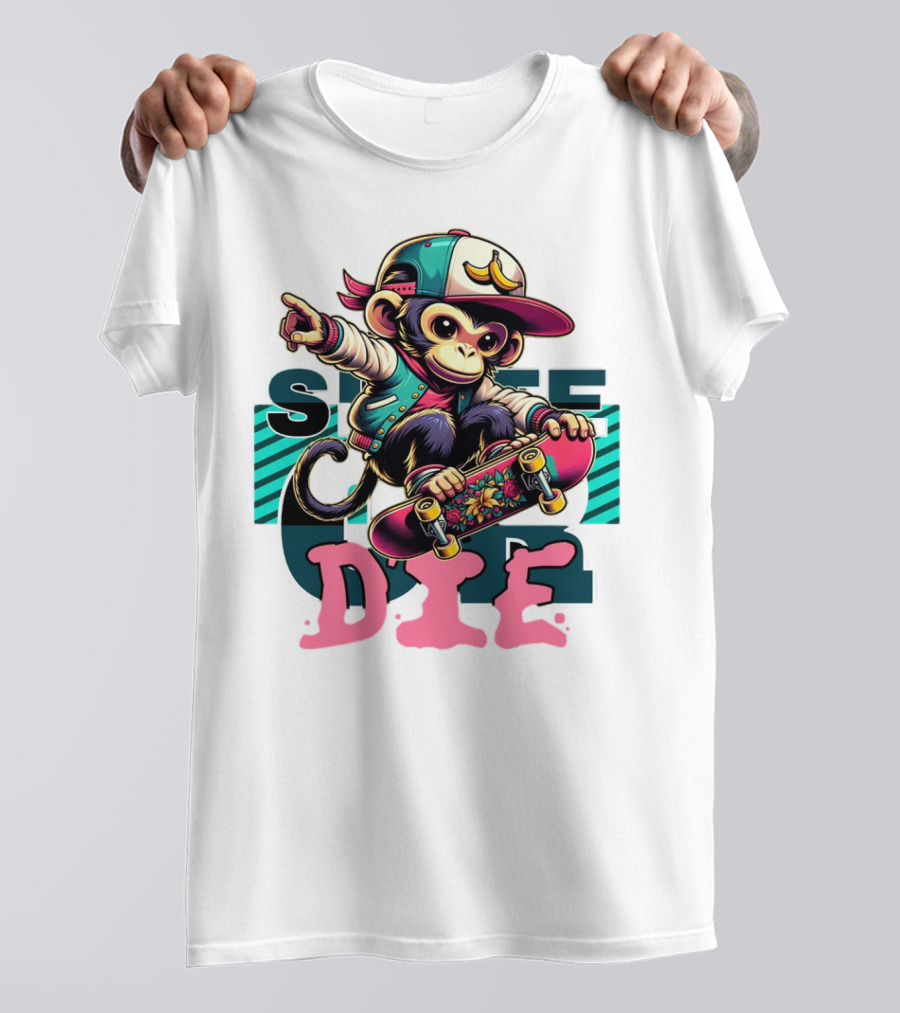 Skate Or Die Monkey On Skateboard With Cap And Jacket T-Shirt