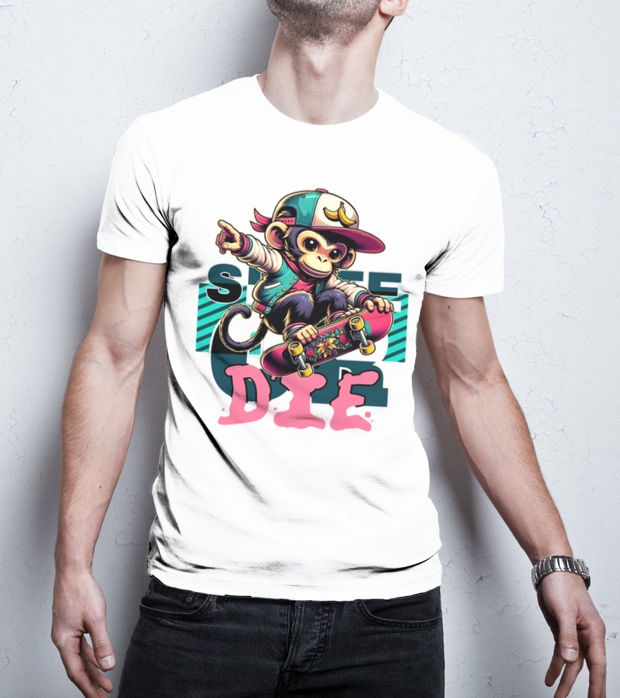 Skate Or Die Monkey On Skateboard With Cap And Jacket T-Shirt