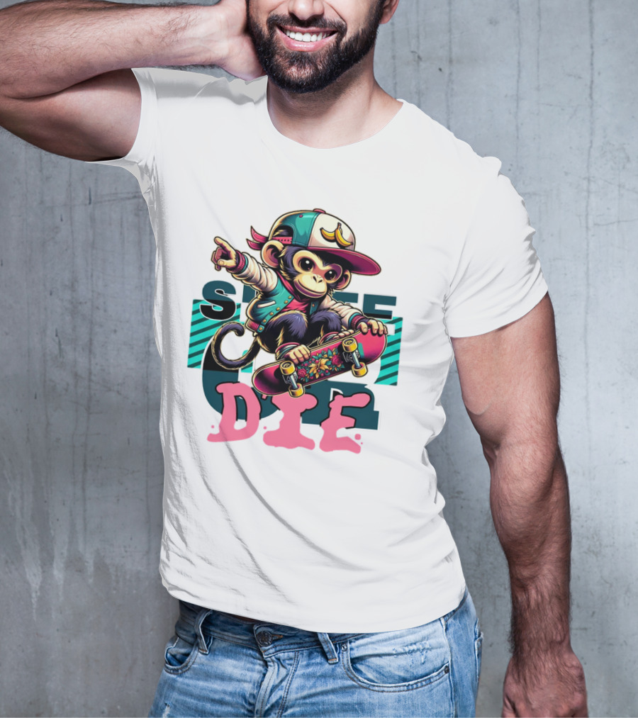 Skate Or Die Monkey On Skateboard With Cap And Jacket T-Shirt