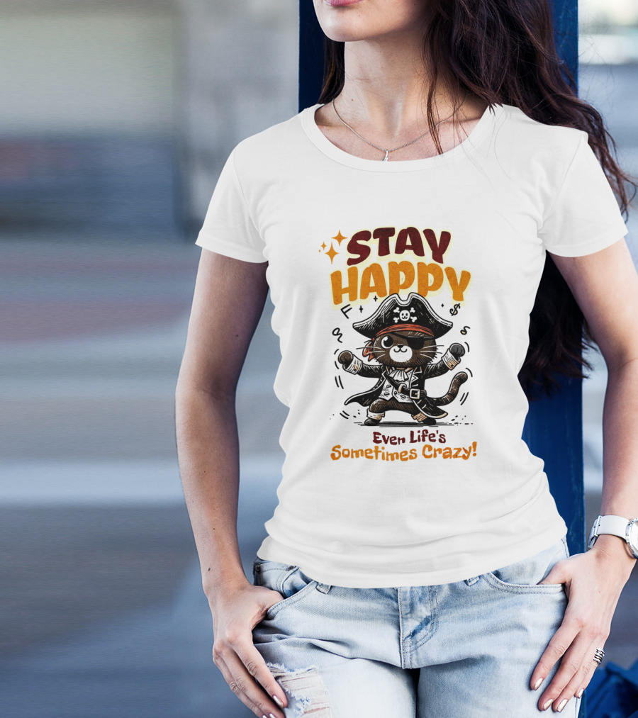 STAY HAPPY Even Life's Sometimes Crazy Pirate Cat T-Shirt