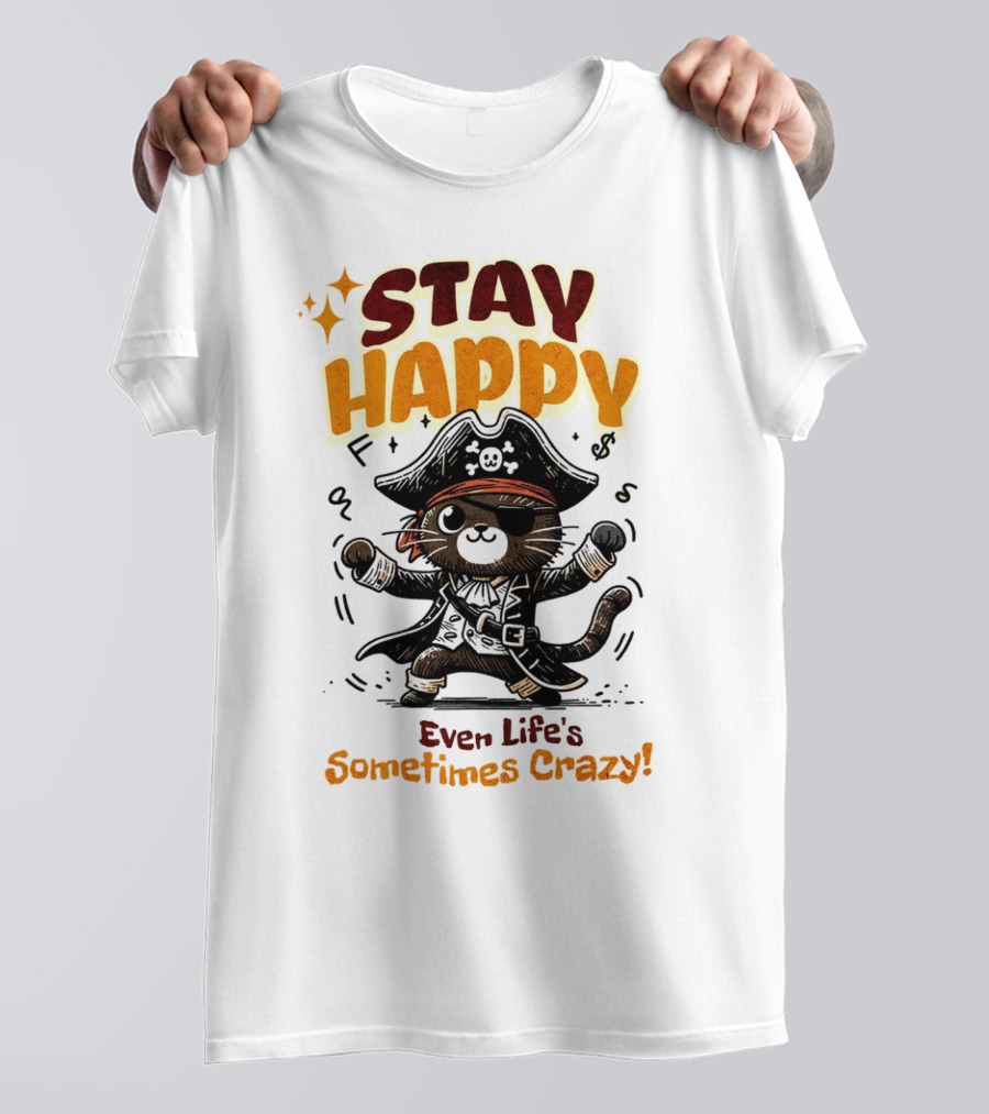 STAY HAPPY Even Life's Sometimes Crazy Pirate Cat T-Shirt