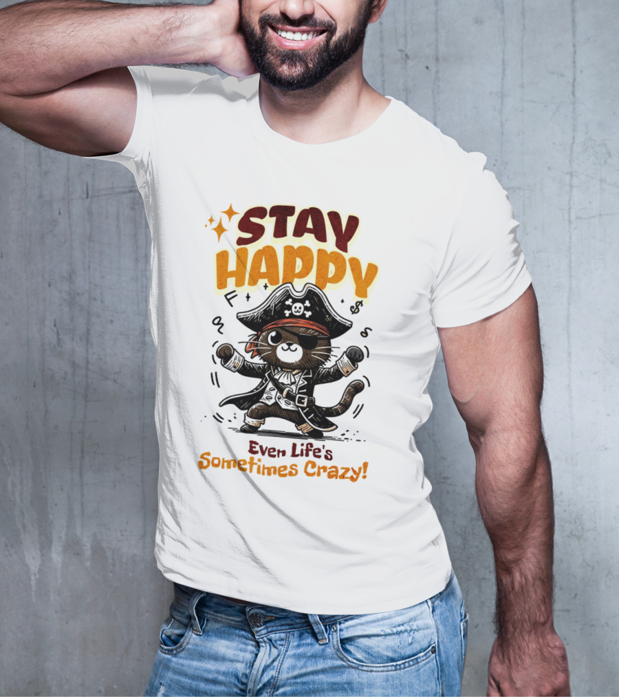 STAY HAPPY Even Life's Sometimes Crazy Pirate Cat T-Shirt