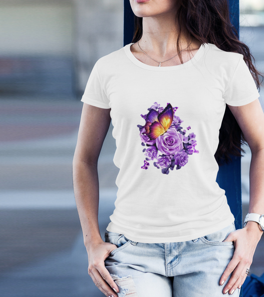 Butterfly Purple Rose Blossoms Floral Arrangement T-Shirt