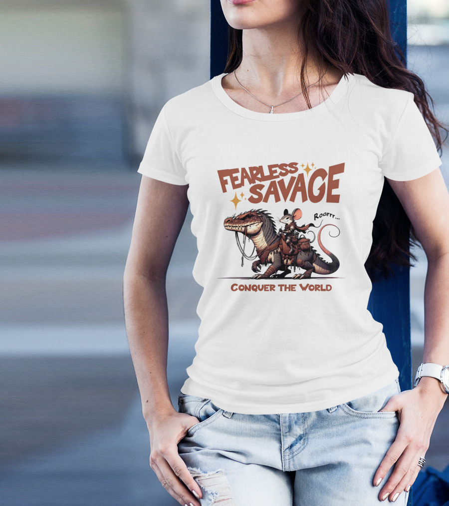 Fearless Savage Conquer The World Roarrr Mouse Riding Dinosaur T-Shirt