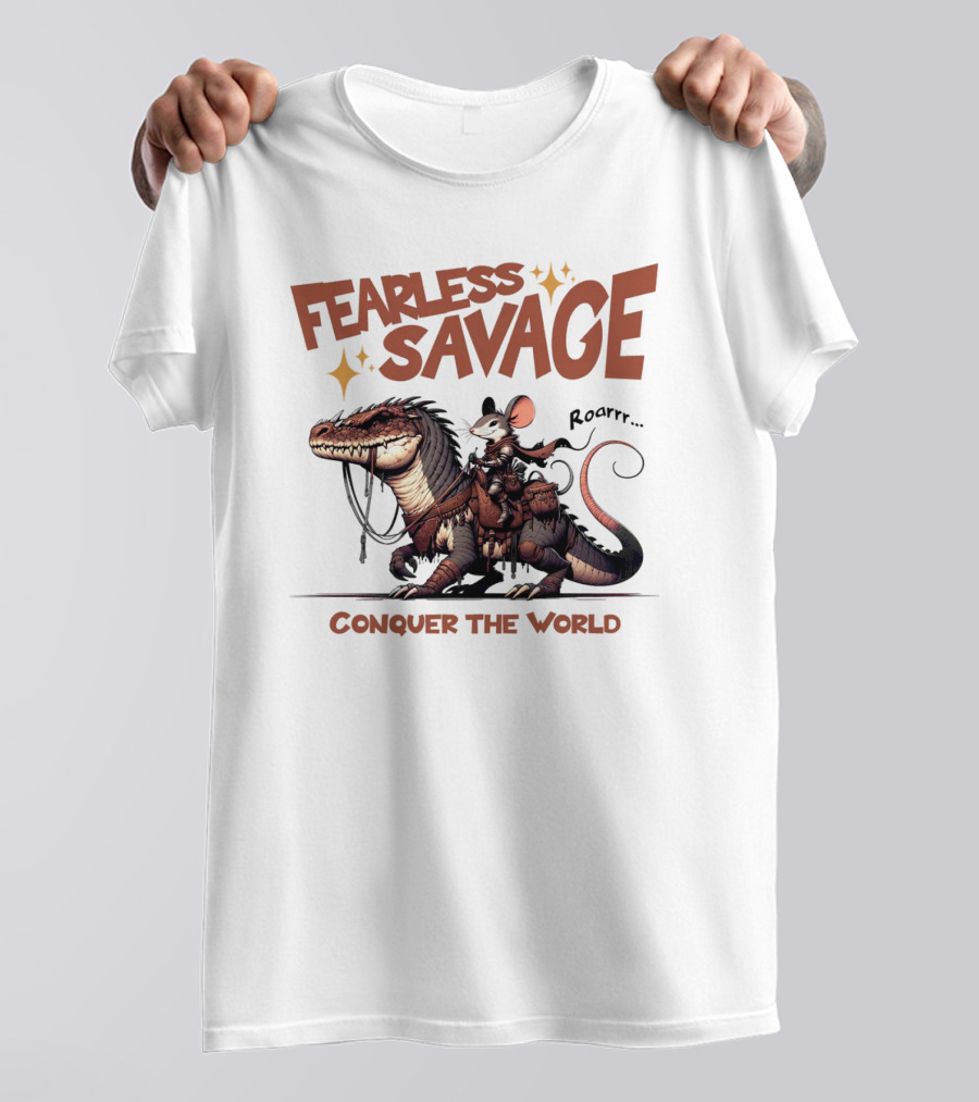 Fearless Savage Conquer The World Roarrr Mouse Riding Dinosaur T-Shirt