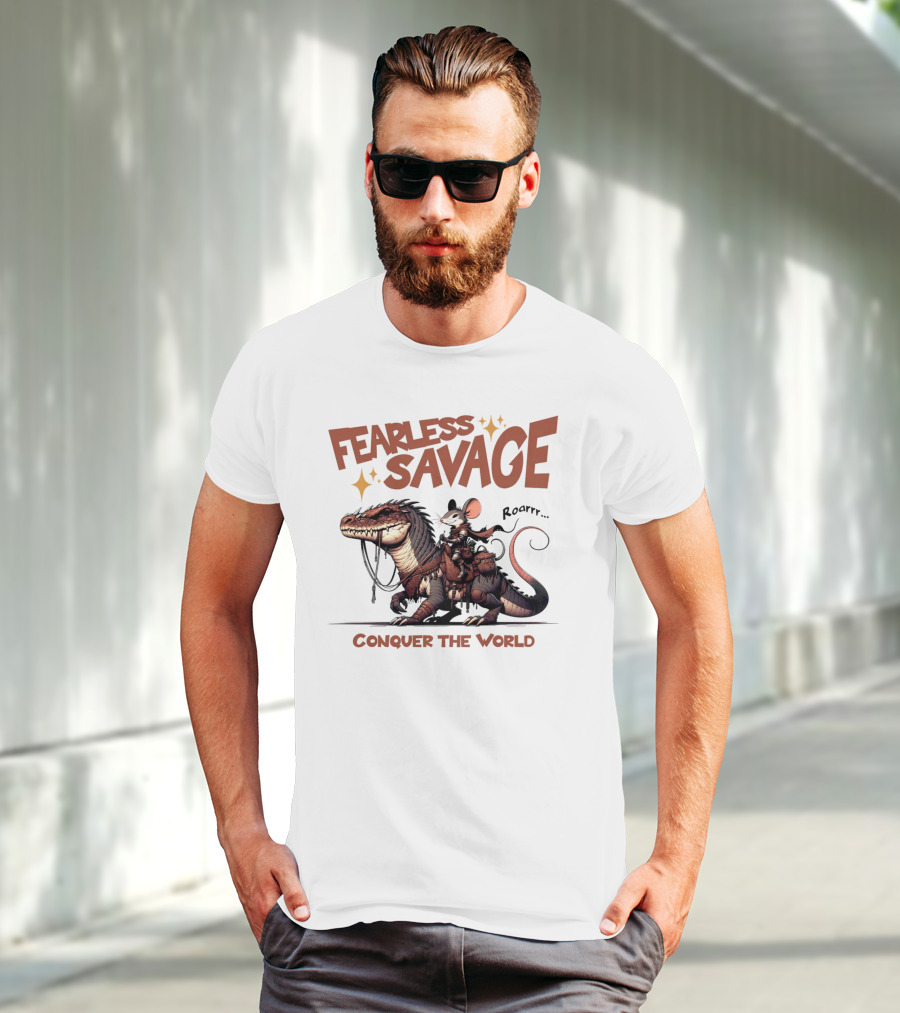 Fearless Savage Conquer The World Roarrr Mouse Riding Dinosaur T-Shirt