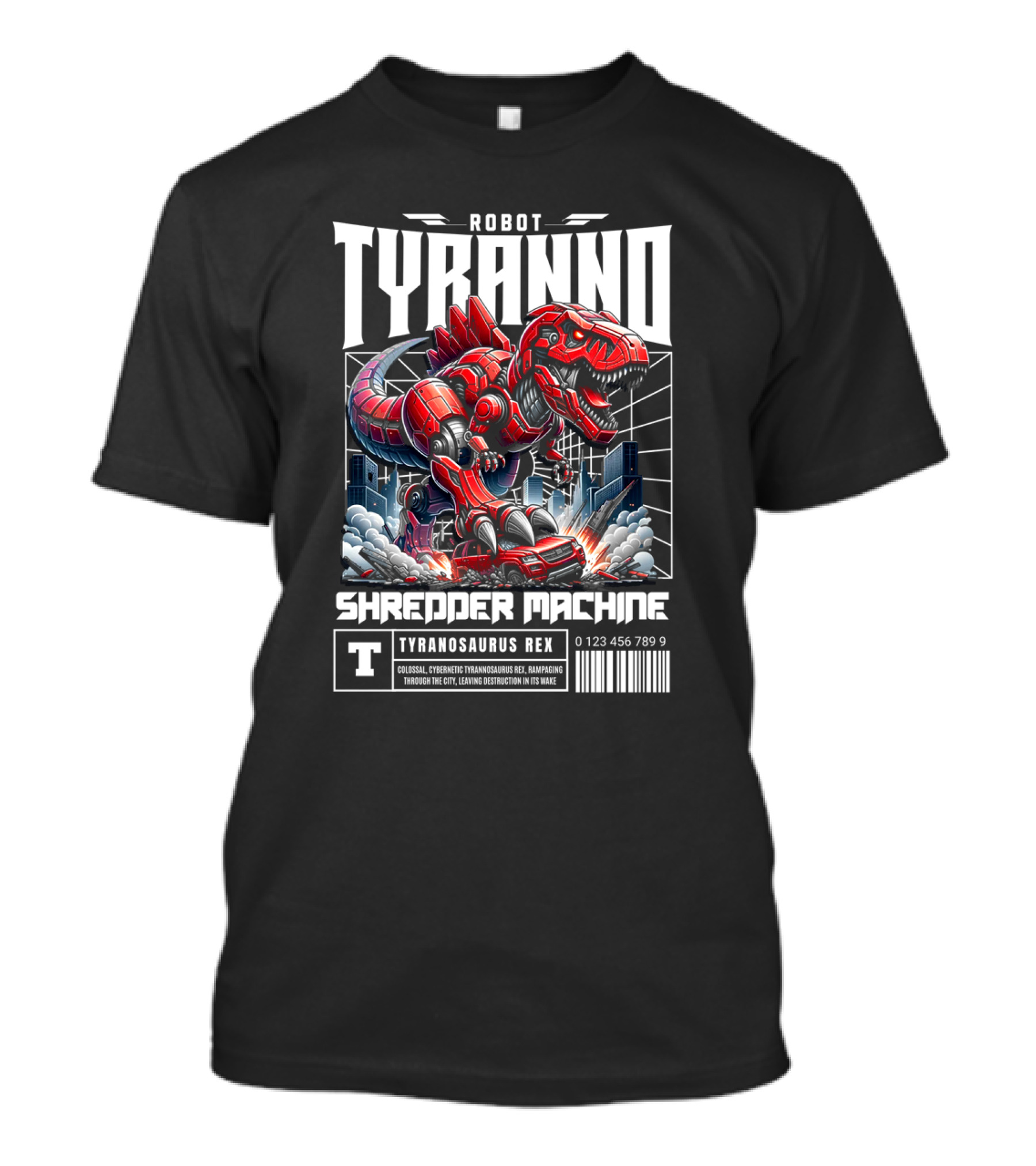 Robot Tyranno Shredder Machine Colossal Cybernetic Tyrannosaurus Rex Rampaging Through The City T-Shirt