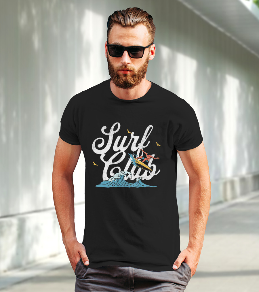 Surf Club Vintage Surfing Wave With Seagulls And Surfer T-Shirt
