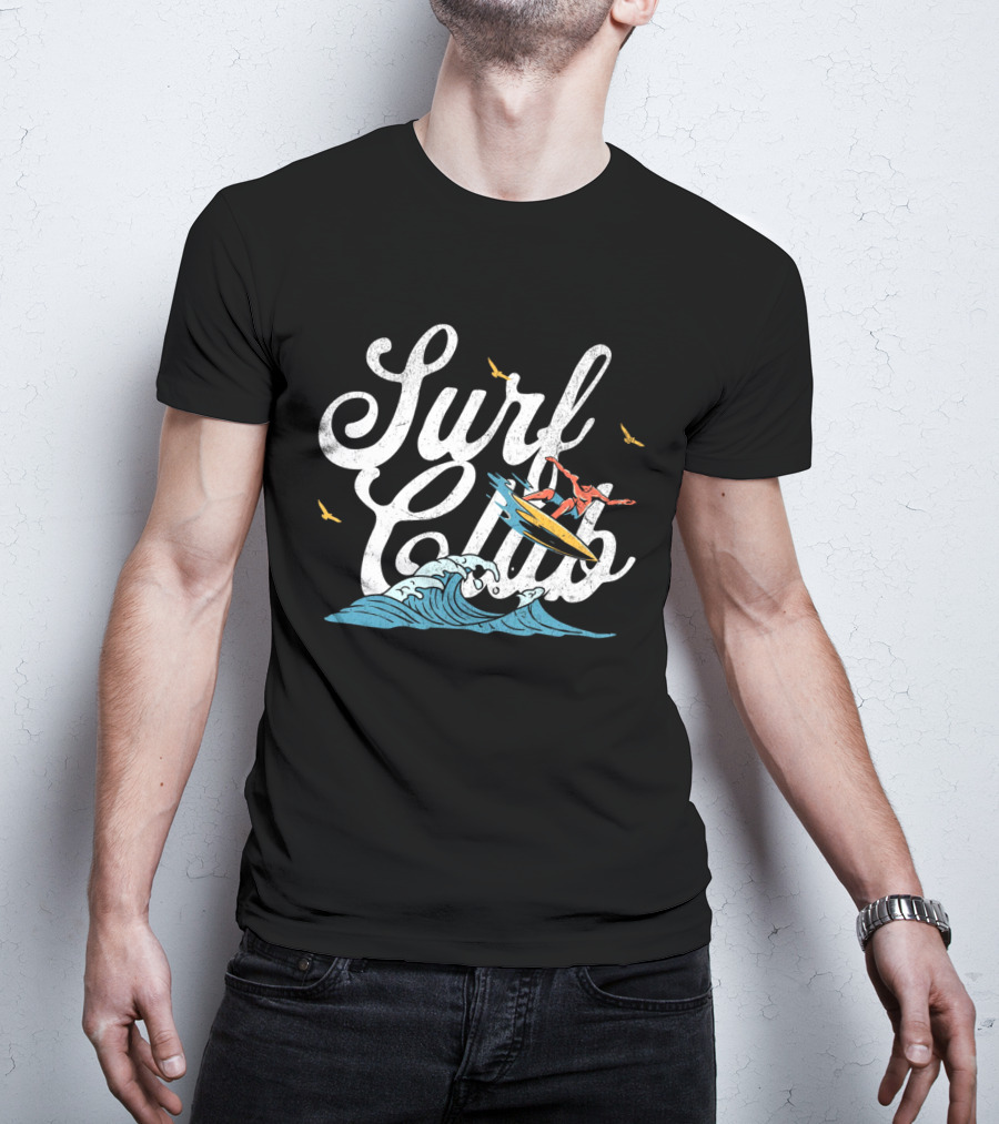 Surf Club Vintage Surfing Wave With Seagulls And Surfer T-Shirt
