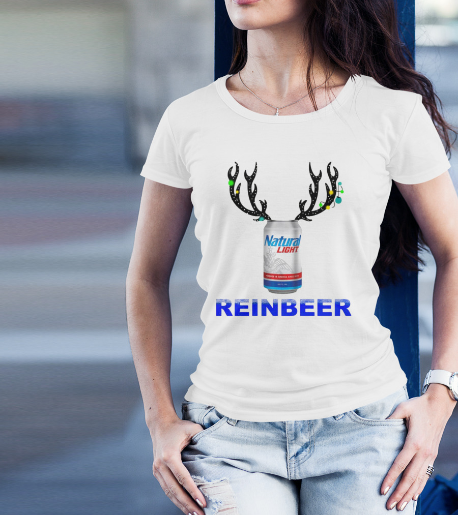 Natural Light Holiday Reinbeer Can Antlers Christmas T-Shirt