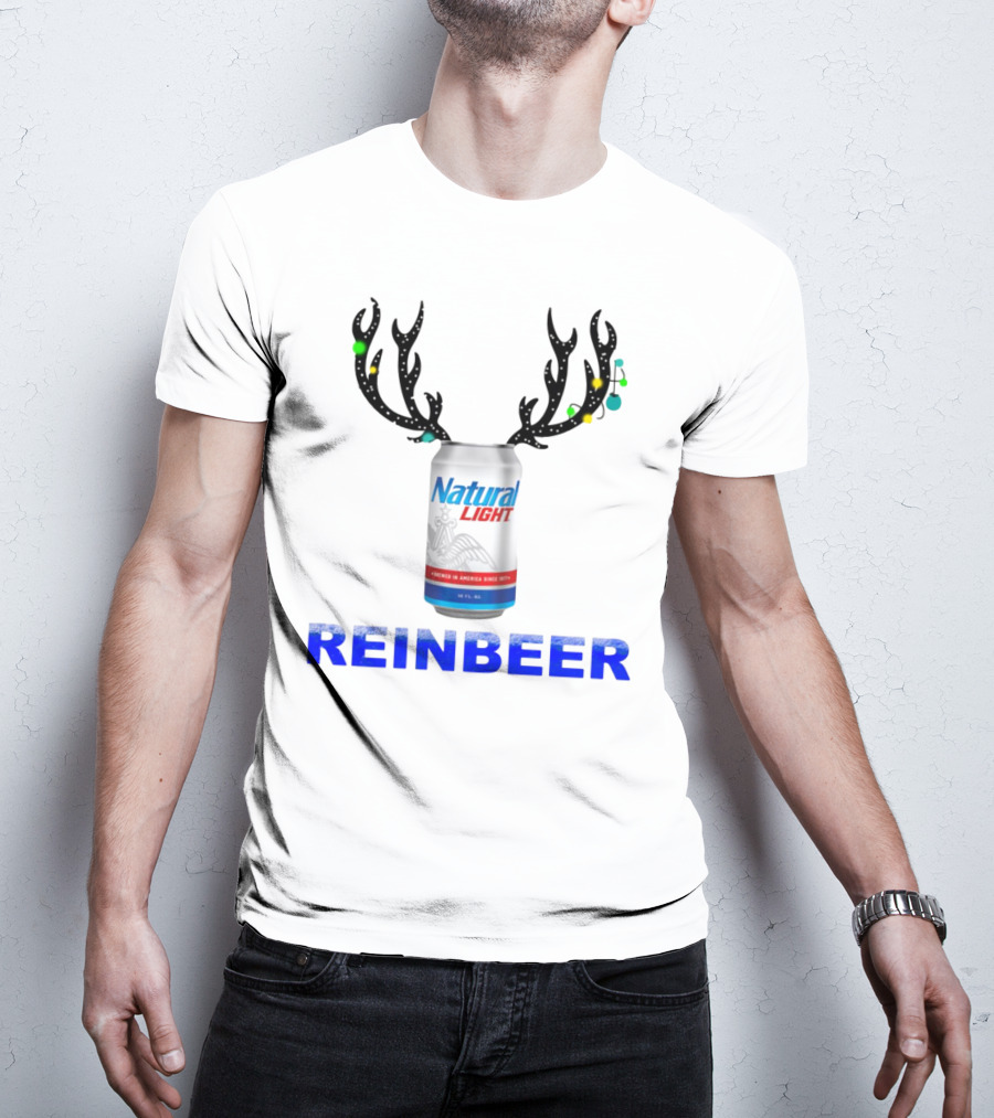 Natural Light Holiday Reinbeer Can Antlers Christmas T-Shirt