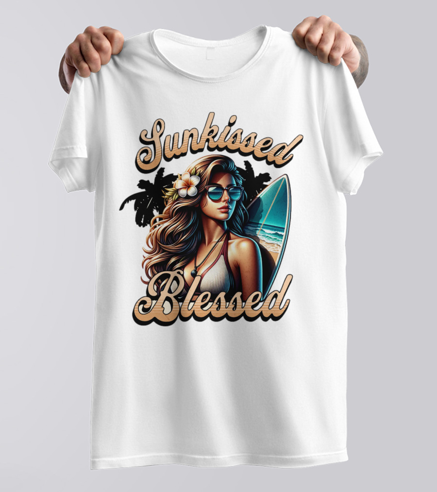Sunkissed Blessed Surfer Girl In Sunglasses With Surfboard And Flower In Hair T-Shirt
