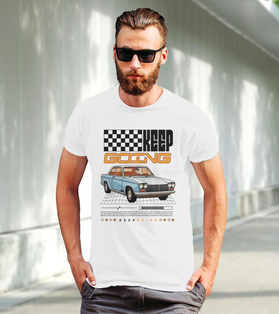 KEEP GOING Retro Car Classic Style Checkerboard Racing Elements T-Shirt