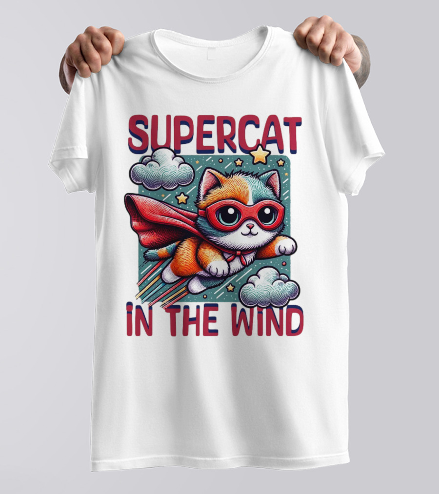 SUPER CAT IN THE WIND STAR ADVENTURE WITH CLOUDS AND CAPE T-Shirt