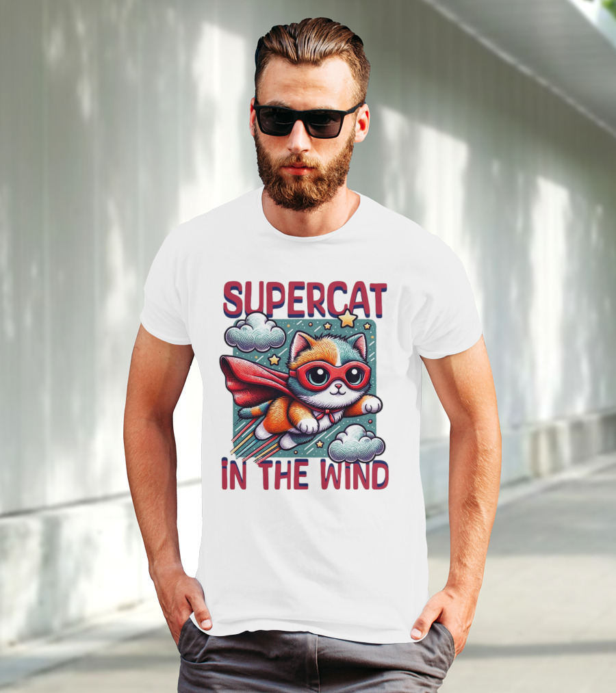 SUPER CAT IN THE WIND STAR ADVENTURE WITH CLOUDS AND CAPE T-Shirt
