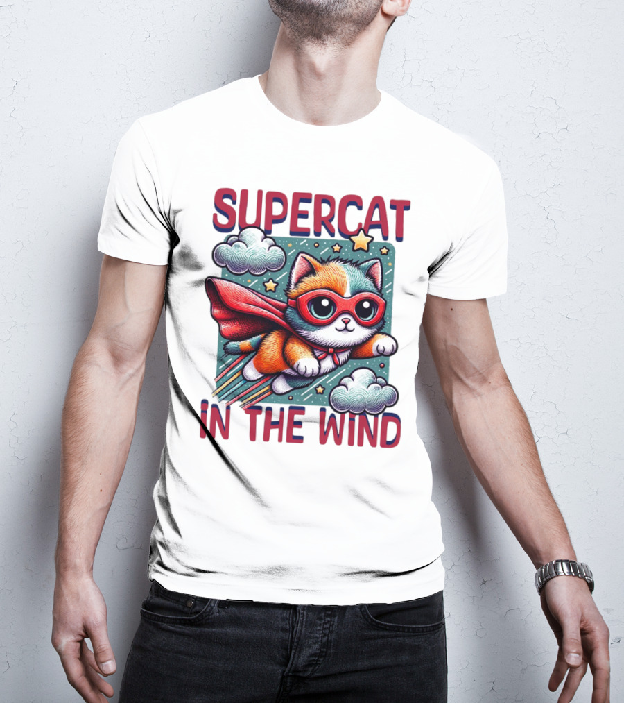 SUPER CAT IN THE WIND STAR ADVENTURE WITH CLOUDS AND CAPE T-Shirt