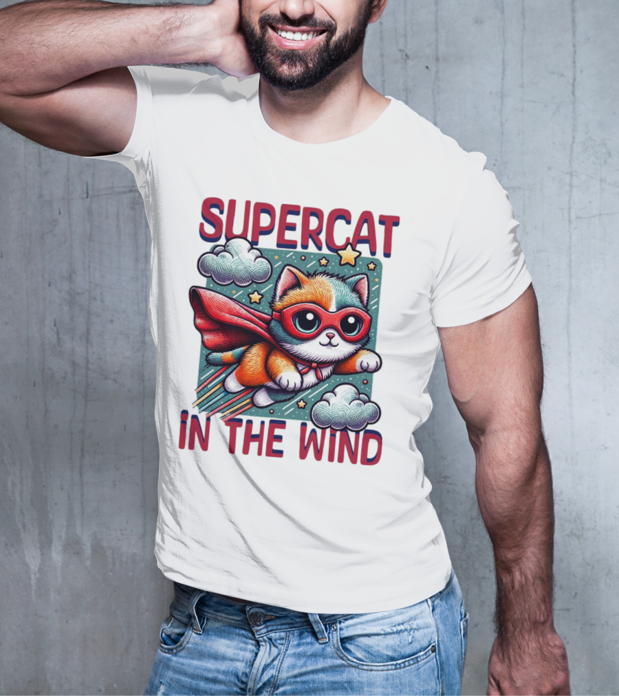 SUPER CAT IN THE WIND STAR ADVENTURE WITH CLOUDS AND CAPE T-Shirt