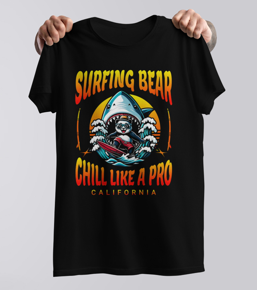 Surfing Bear Chill Like A Pro California Shark Waves Adventure T-Shirt